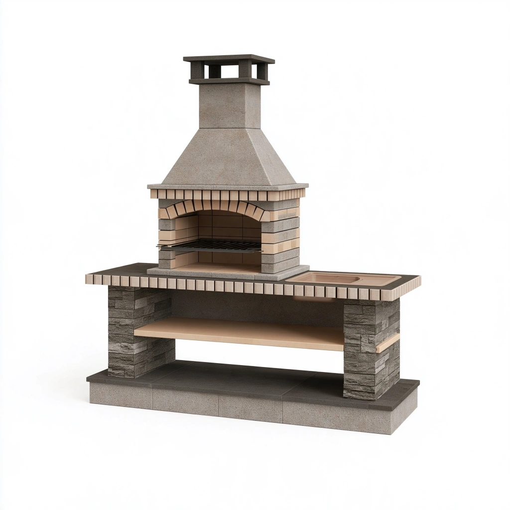 Barbecue de jardin 180 x 70 x 230 cm en béton et brique beige gris avec cheminée et plan de travail
