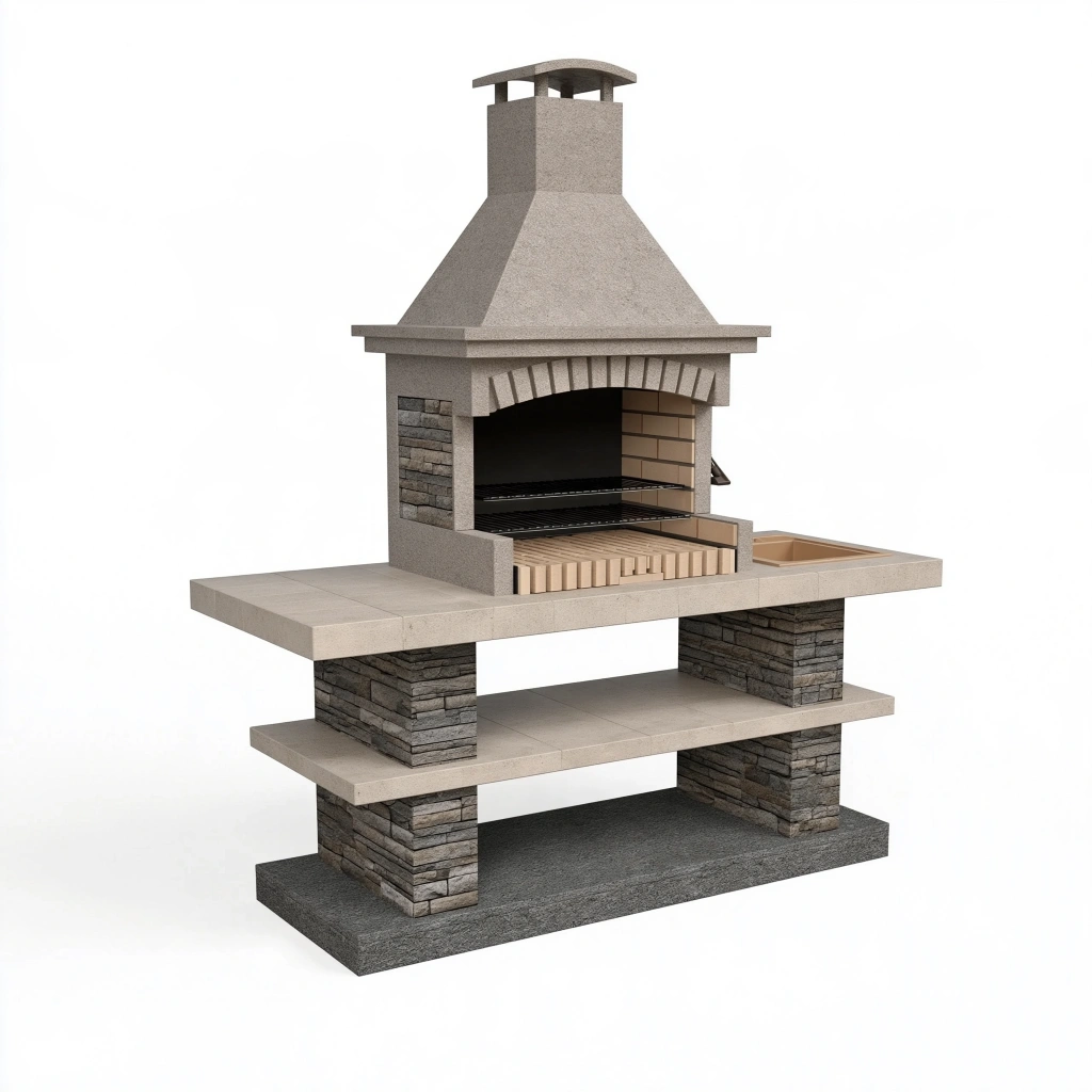 Barbecue de jardin 180 x 80 x 230 cm en pierre grise avec évier style rustique