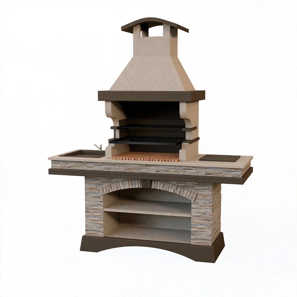 Barbecue de jardin 200 x 70 x 240 cm en pierre beige avec grill foyer et cheminée rustique