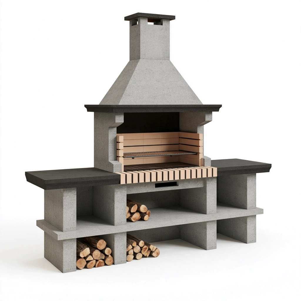 Barbecue de jardin 250 x 70 x 250 cm en béton gris avec cheminée et gril réglable
