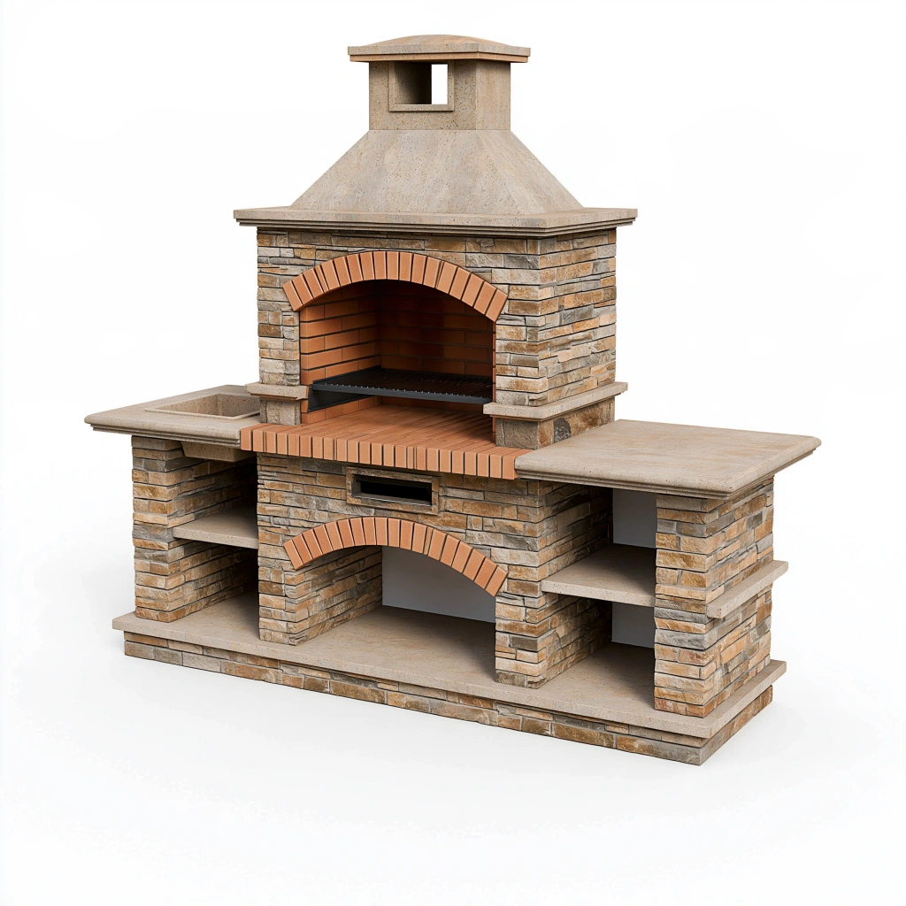 Barbecue de jardin 180 x 75 x 220 cm en pierre beige avec grill et plans de travail