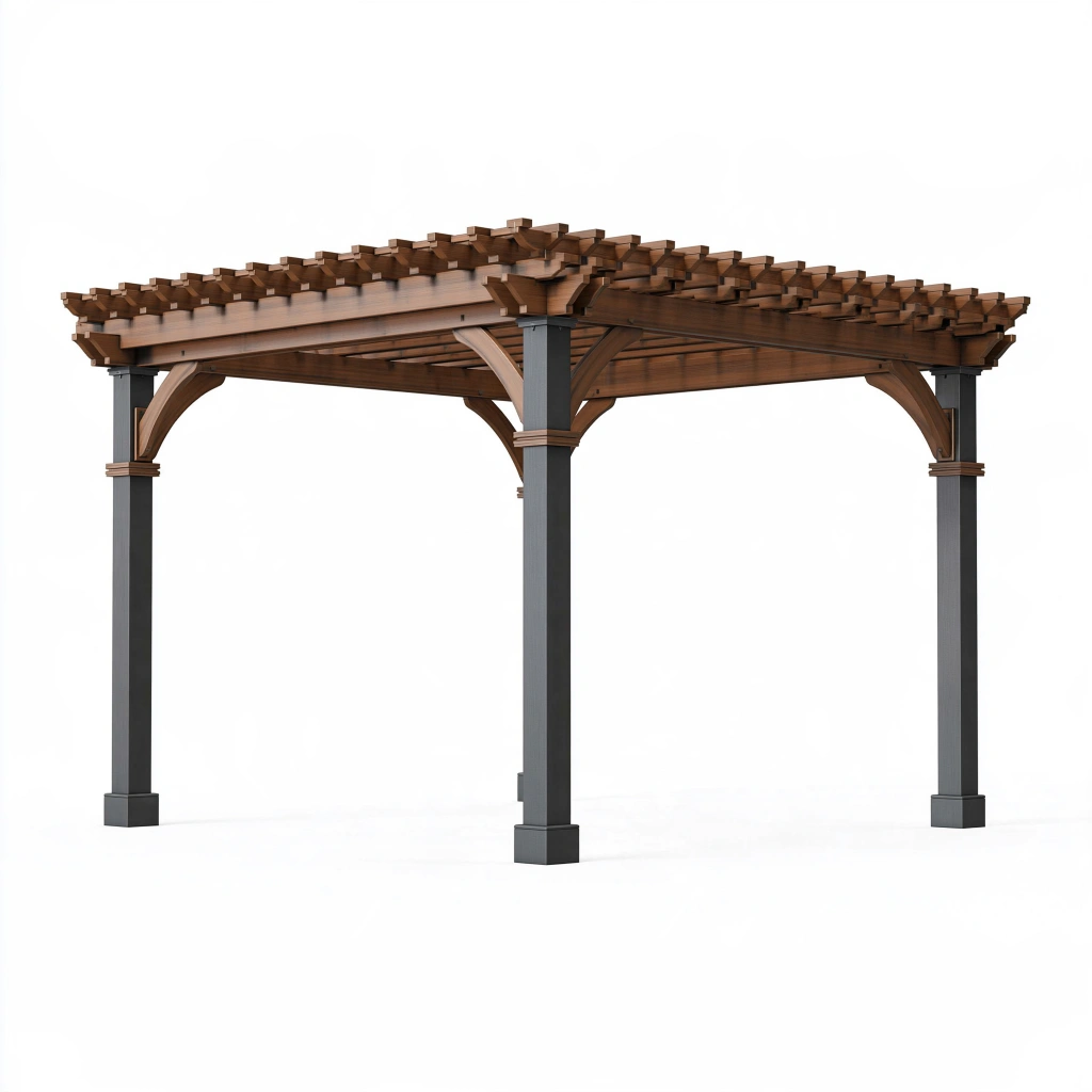 Pergola de jardin 300 x 300 x 250 cm en bois marron et métal noir à toit ajouré