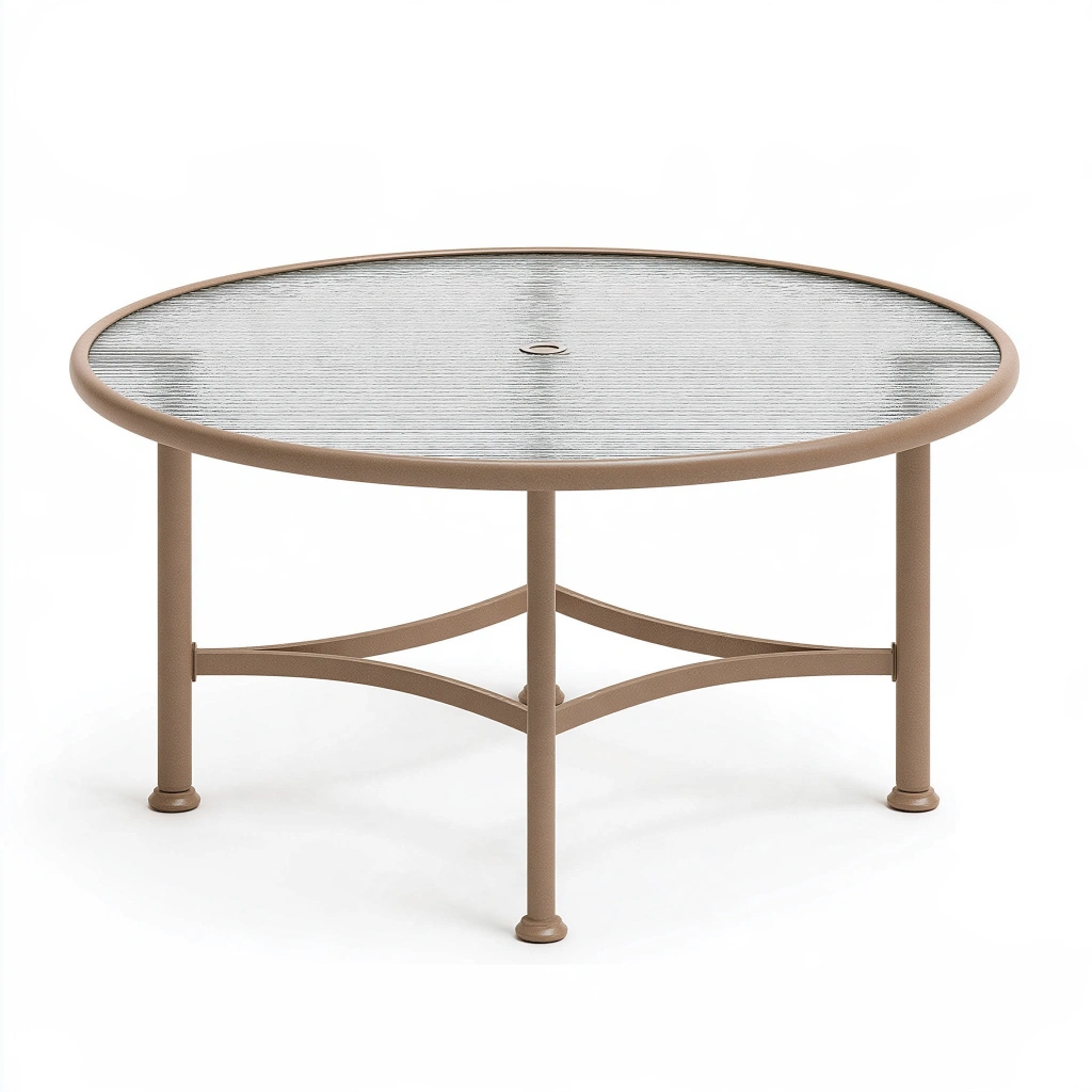 Table de jardin ronde 100 cm verre et métal taupe - plateau texturé