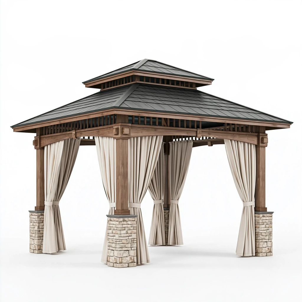 Pavillon de jardin 300 x 300 x 330 cm en bois brun avec rideaux beige style pagode