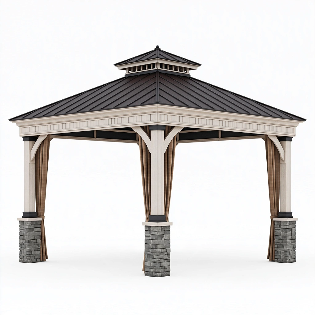 Pavillon de jardin 300 x 300 x 320 cm en métal beige et noir avec toit rigide