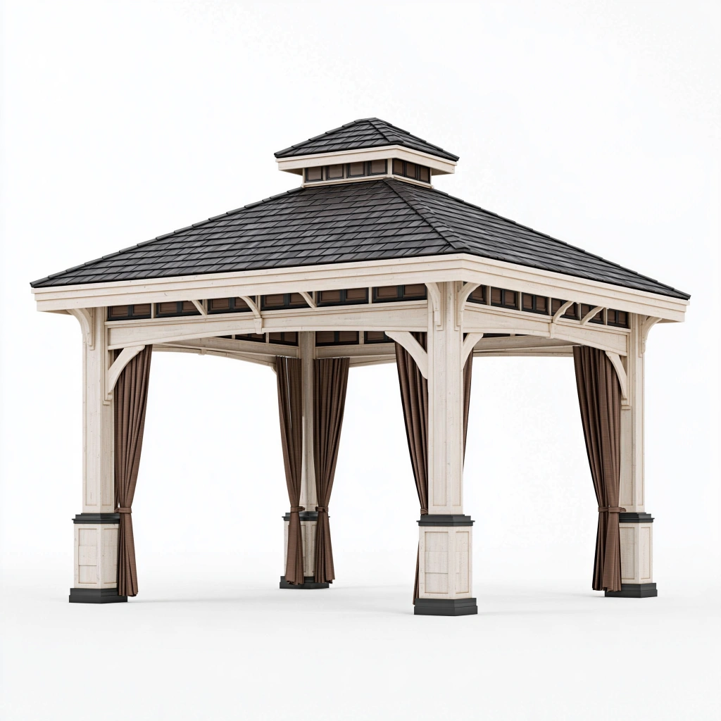 Pavillon de jardin 400 x 400 cm en bois beige avec rideaux marron et toit sombre