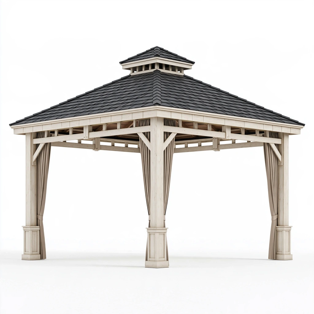 Gazébo de jardin 400 x 400 cm en bois beige avec toit noir style classique