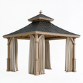 Tonnelle de jardin 400 x 400 x 350 cm en bois beige avec toit métallique noir et rideaux style classique