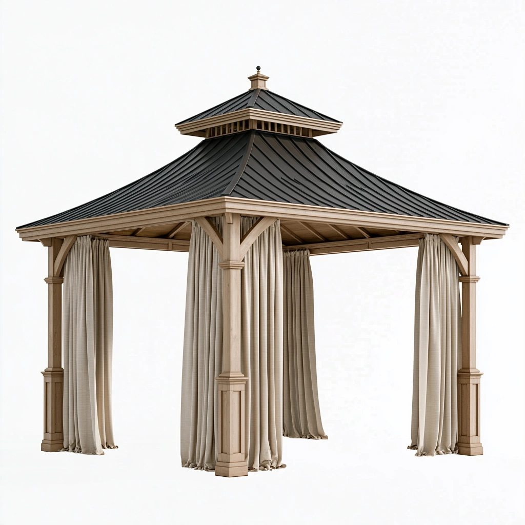 Tonnelle de jardin 400 x 400 x 350 cm en bois beige avec toit métallique noir et rideaux style classique