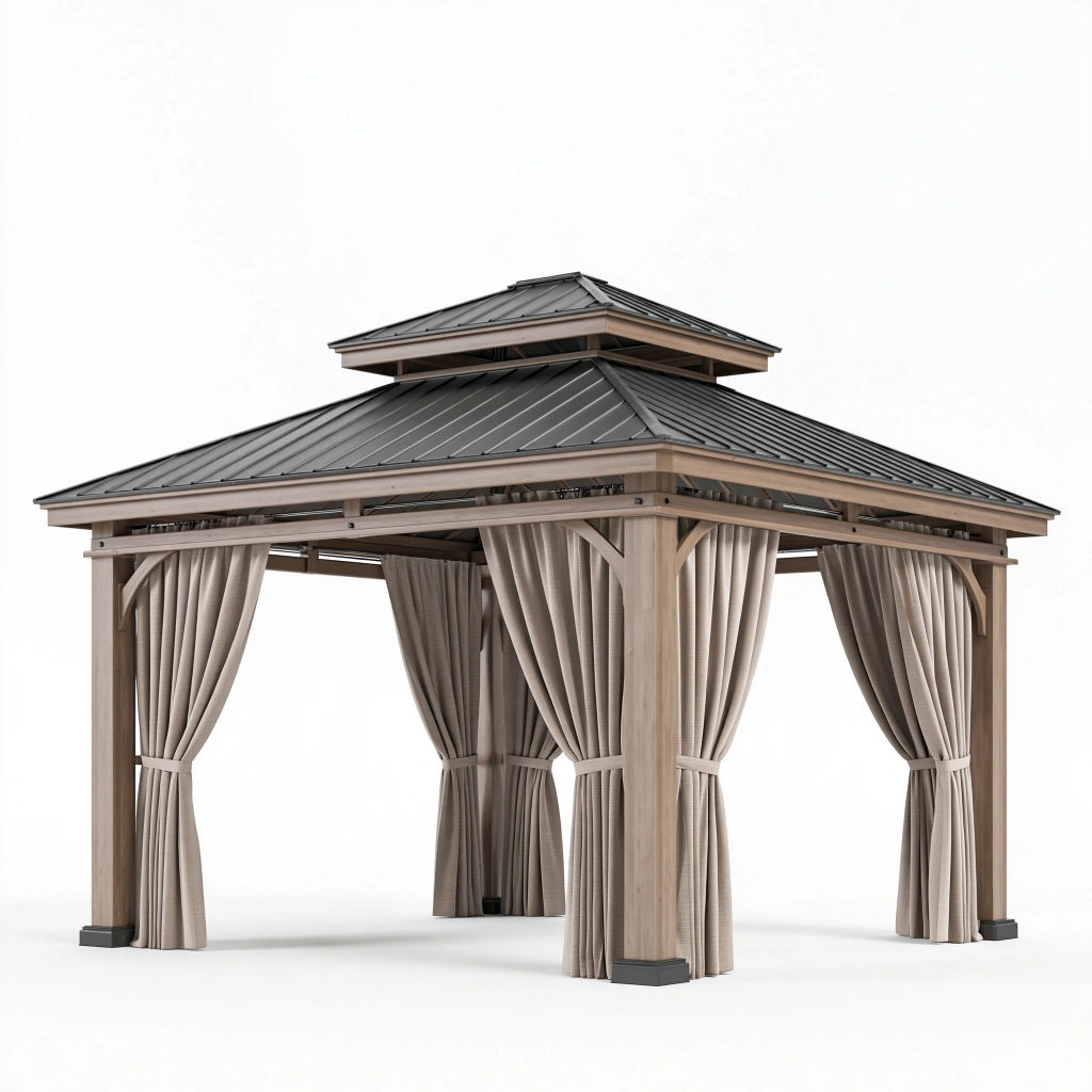 Tonnelle de jardin 300 x 300 x 300 cm en bois beige avec toit métallique et rideaux
