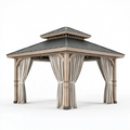 Pavillon de jardin 300 x 300 x 310 cm en bois beige et métal gris avec rideaux style classique