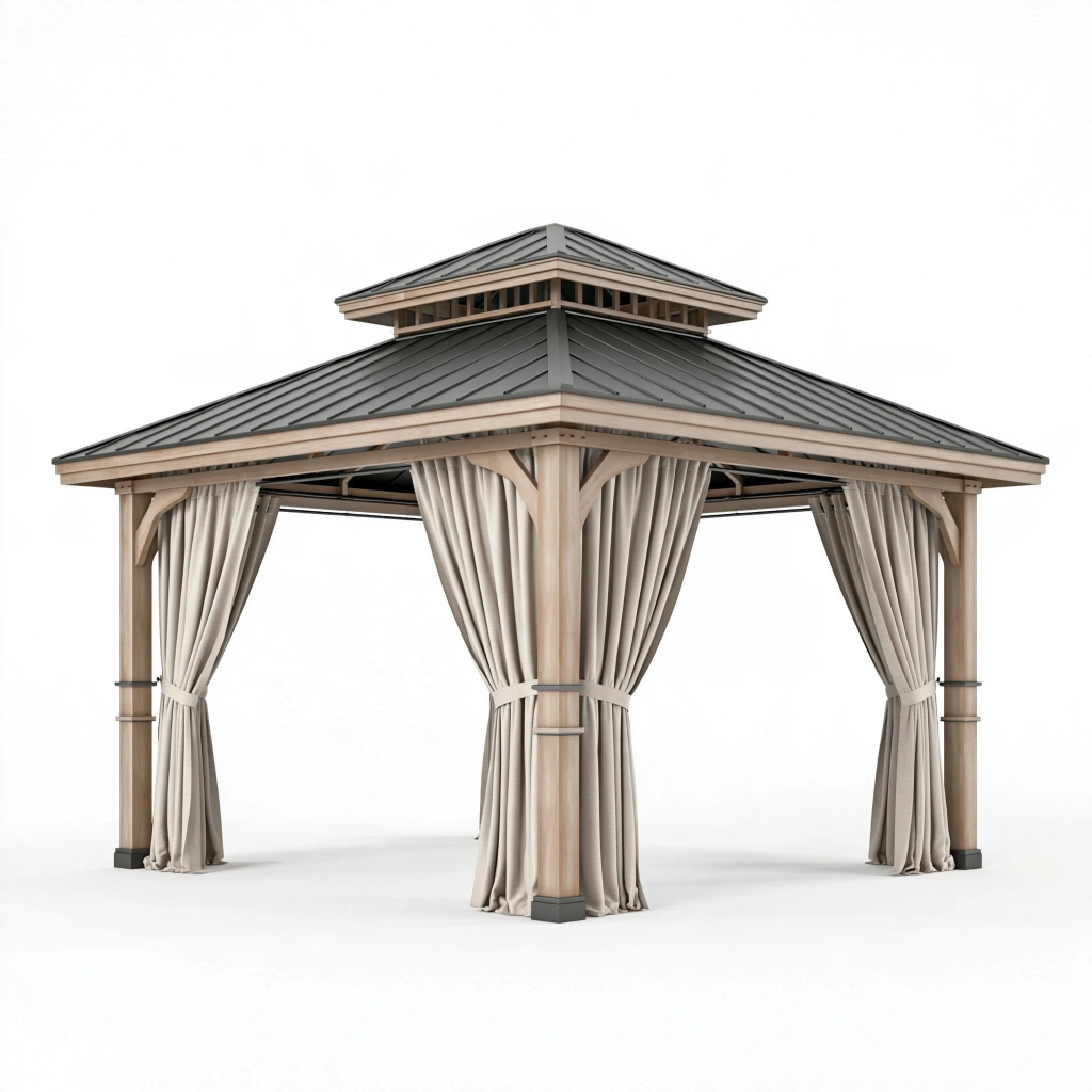 Pavillon de jardin 300 x 300 x 310 cm en bois beige et métal gris avec rideaux style classique