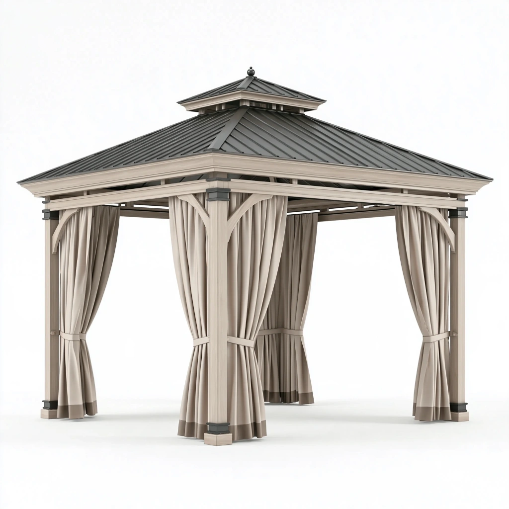 Pavillon de jardin 300 x 300 x 300 cm en métal beige anthracite avec rideaux style classique
