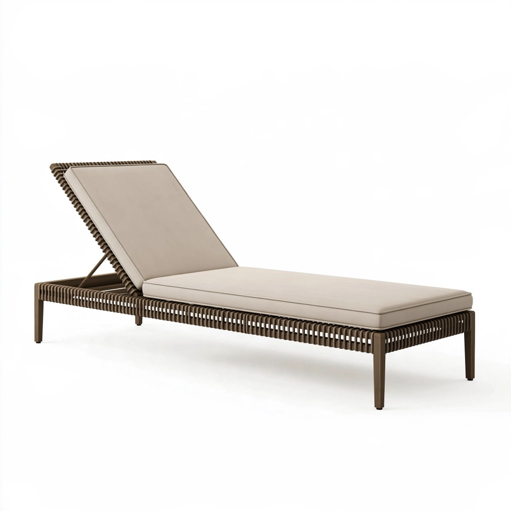 Bain de soleil 200 x 70 cm en résine tressée marron avec coussin beige dossier réglable